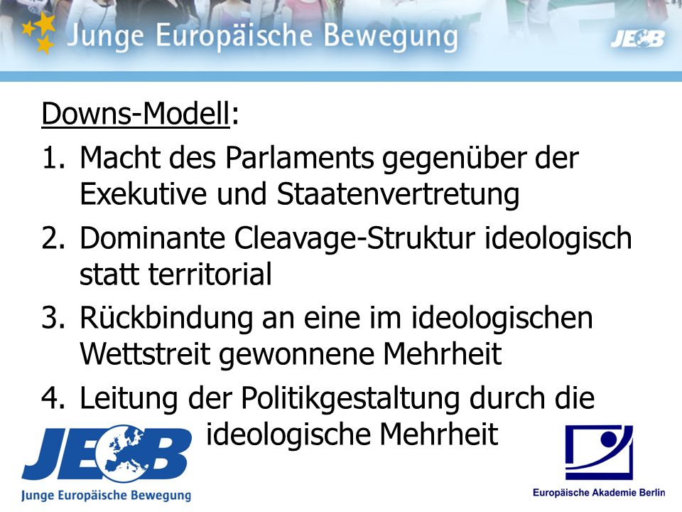 Downs-Modell: Macht des Parlaments gegenüber der Exekutive und Staatenvertretung. Dominante Cleavage-Struktur ideologisch statt territorial.