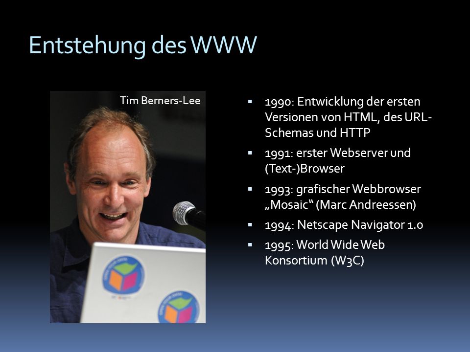 Entstehung des WWW Tim Berners-Lee. 1990: Entwicklung der ersten Versionen von HTML, des URL- Schemas und HTTP.