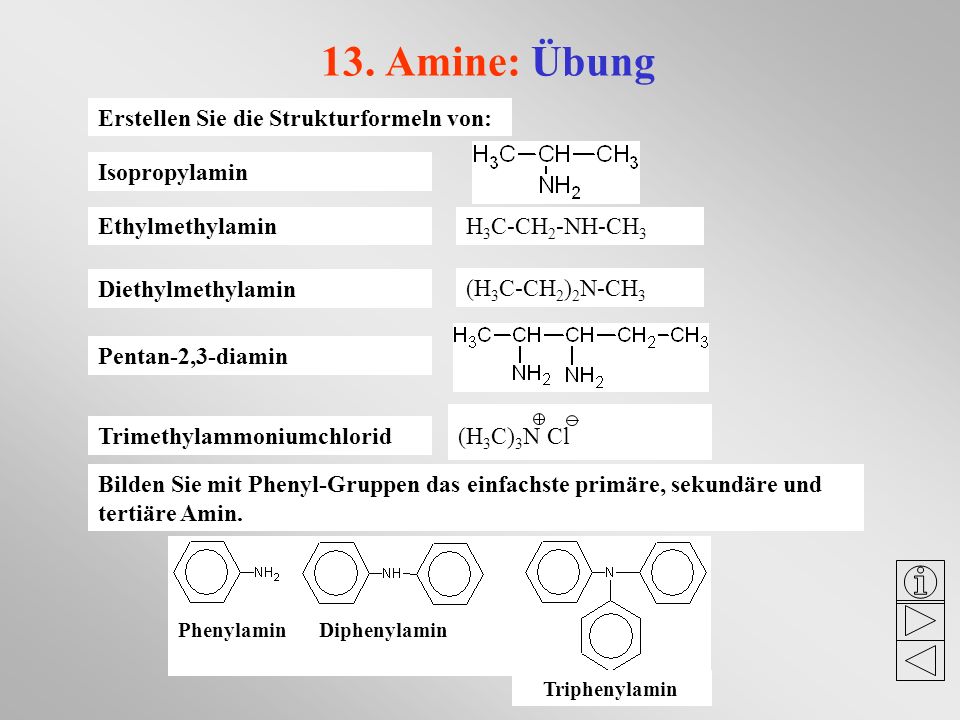 13. Amine: Übung Erstellen Sie die Strukturformeln von: Isopropylamin