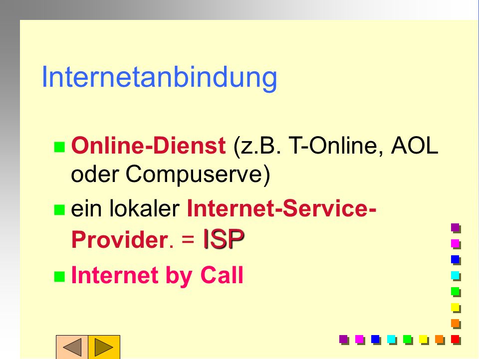 Internetanbindung Online-Dienst (z.B. T-Online, AOL oder Compuserve)