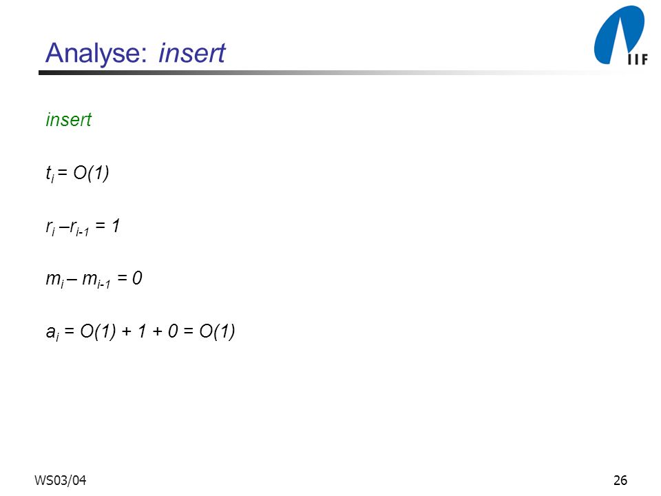 Analyse: insert insert ti = O(1) ri –ri-1 = 1 mi – mi-1 = 0
