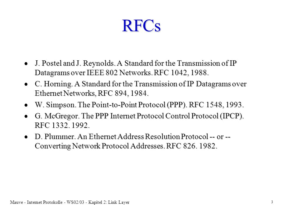 RFCs J. Postel and J. Reynolds. A Standard for the Transmission of IP Datagrams over IEEE 802 Networks. RFC 1042,