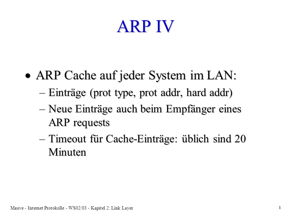 ARP IV ARP Cache auf jeder System im LAN:
