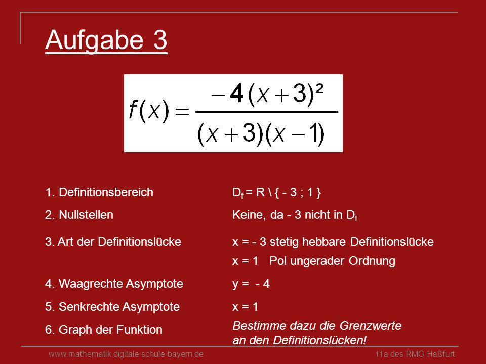 Aufgabe 3 1. Definitionsbereich Df = R \ { - 3 ; 1 } 2. Nullstellen