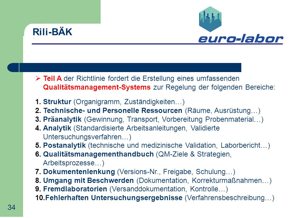 Rili-BÄK Teil A der Richtlinie fordert die Erstellung eines umfassenden Qualitätsmanagement-Systems zur Regelung der folgenden Bereiche: