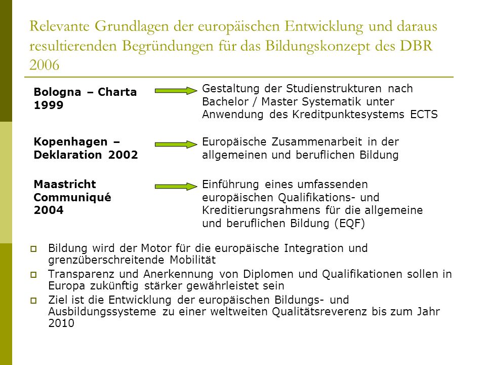 Relevante Grundlagen der europäischen Entwicklung und daraus resultierenden Begründungen für das Bildungskonzept des DBR 2006