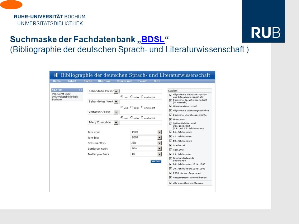 Suchmaske der Fachdatenbank „BDSL (Bibliographie der deutschen Sprach- und Literaturwissenschaft )