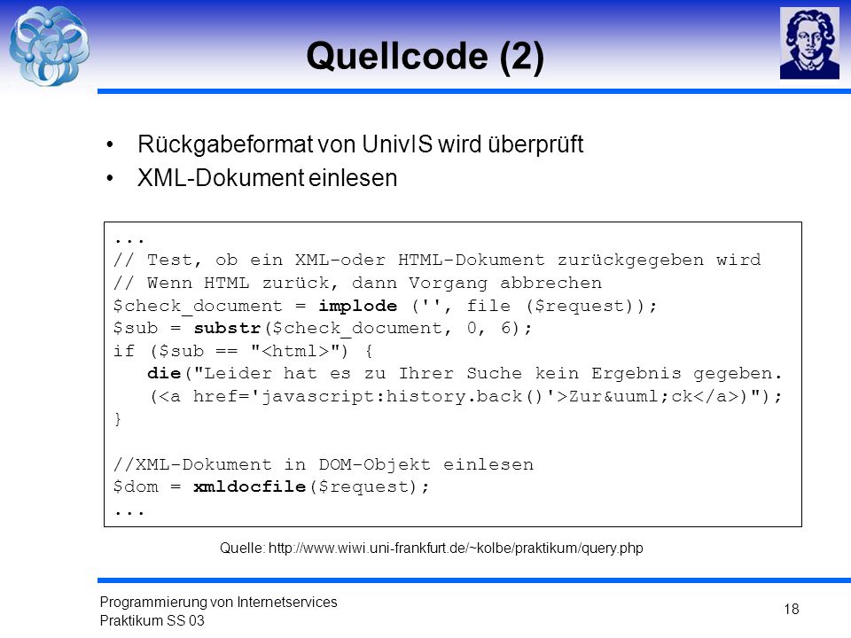 Quellcode (2) Rückgabeformat von UnivIS wird überprüft