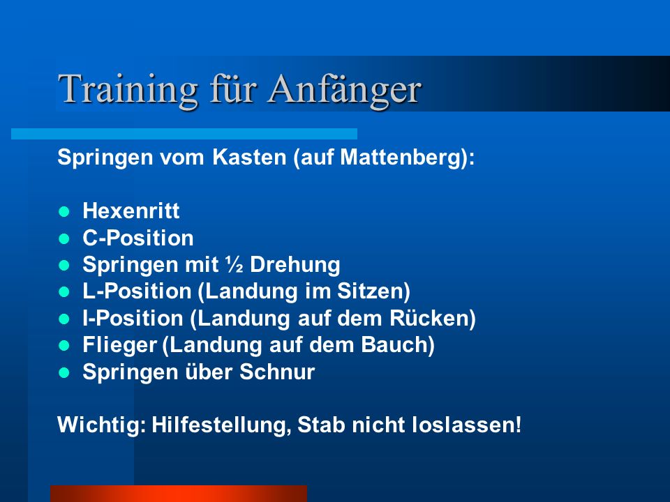 Training für Anfänger Springen vom Kasten (auf Mattenberg): Hexenritt