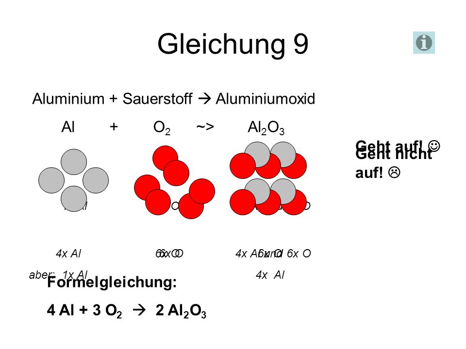 Gleichung 9 Aluminium + Sauerstoff  Aluminiumoxid Al + O2 ~> Al2O3