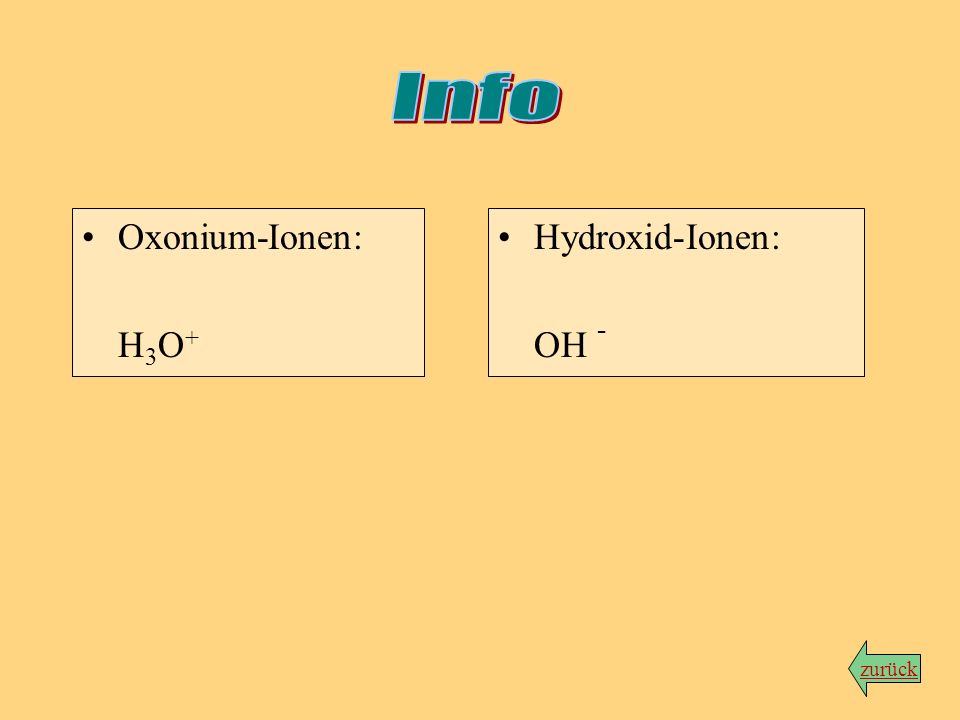 Info Oxonium-Ionen: H3O+ Hydroxid-Ionen: OH - zurück