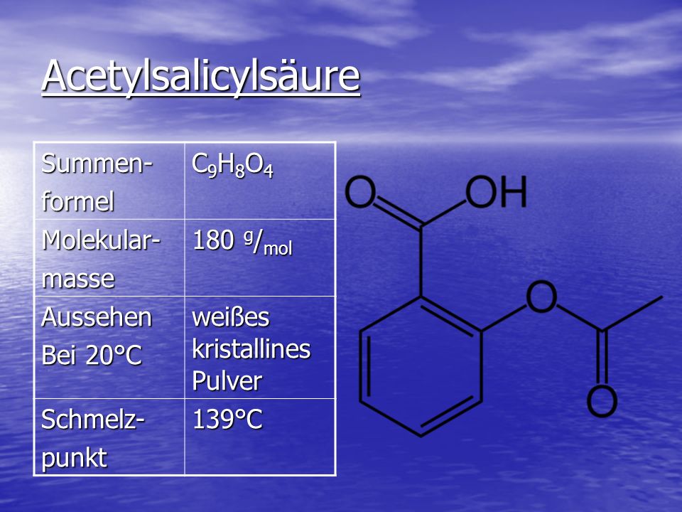 Acetylsalicylsäure Summen- formel C9H8O4 Molekular- masse 180 g/mol