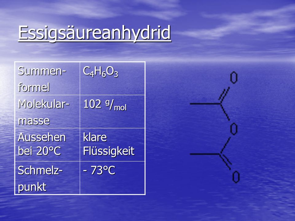 Essigsäureanhydrid Summen- formel C4H6O3 Molekular- masse 102 g/mol