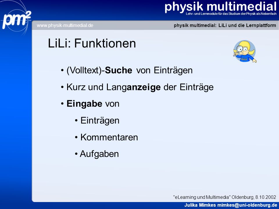 physik multimedial LiLi: Funktionen (Volltext)-Suche von Einträgen