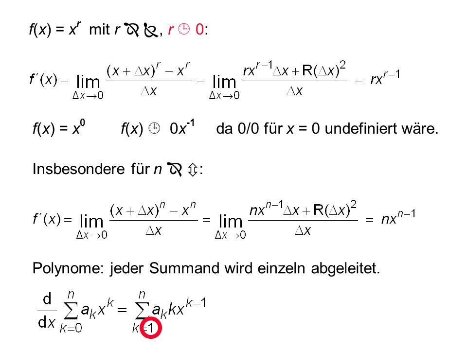 f(x) = xr mit r  , r  0: f(x) = x0. f(x)  0x-1. da 0/0 für x = 0 undefiniert wäre. Insbesondere für n  :