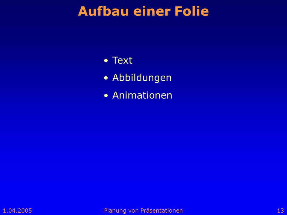 Aufbau einer Folie Text Abbildungen Animationen Vortrag/aufgebaut