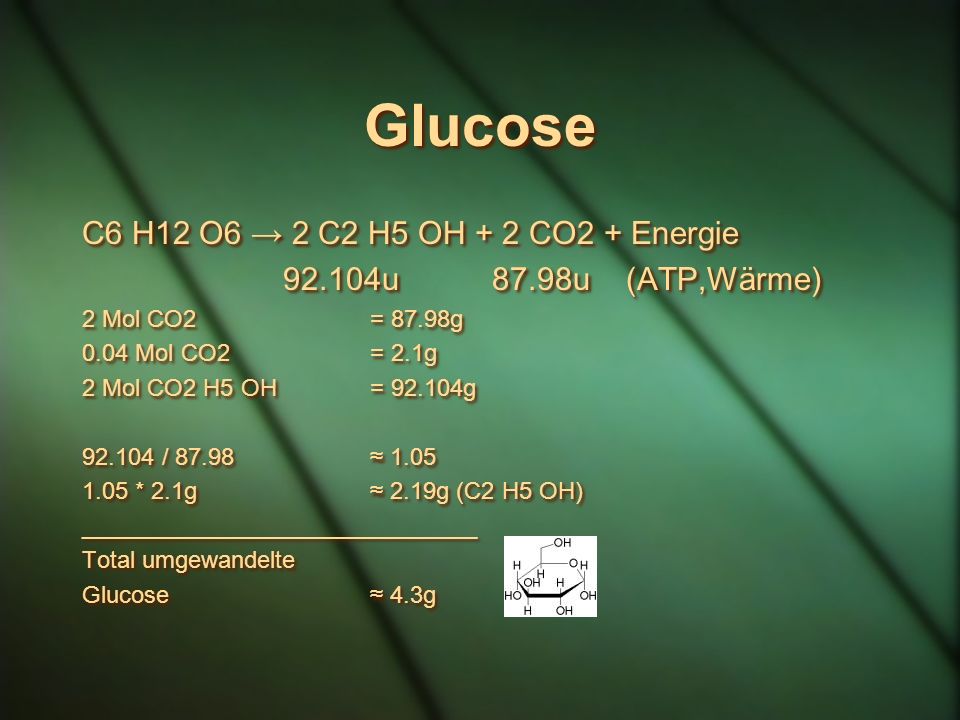 Glucose C6 H12 O6 → 2 C2 H5 OH + 2 CO2 + Energie
