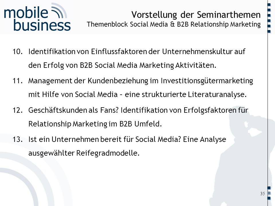 Vorstellung der Seminarthemen Themenblock Social Media & B2B Relationship Marketing