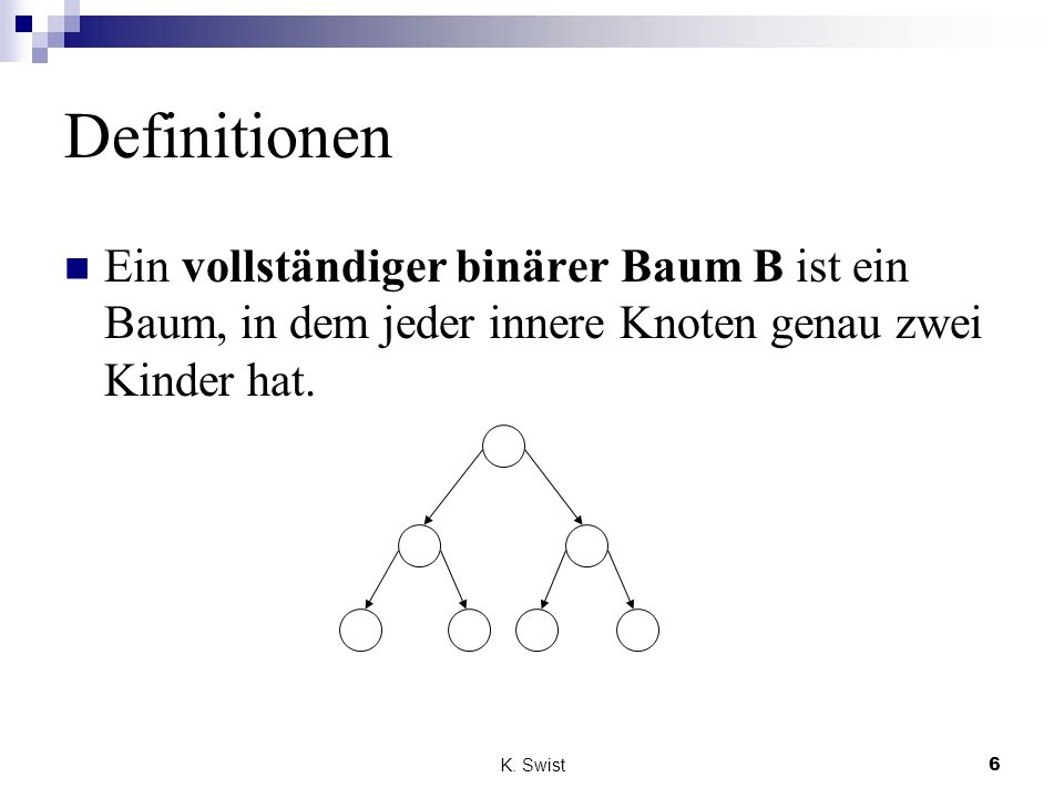 Definitionen Ein vollständiger binärer Baum B ist ein Baum, in dem jeder innere Knoten genau zwei Kinder hat.