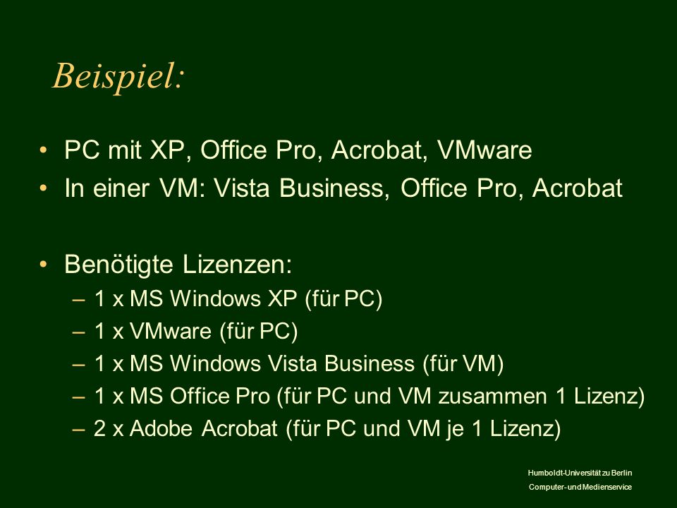 Beispiel: PC mit XP, Office Pro, Acrobat, VMware