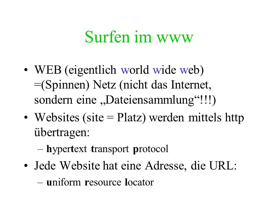 Surfen im www WEB (eigentlich world wide web) =(Spinnen) Netz (nicht das Internet, sondern eine „Dateiensammlung !!!)