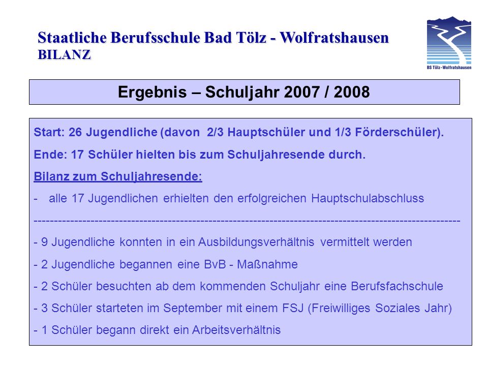 Ergebnis – Schuljahr 2007 / 2008 BILANZ