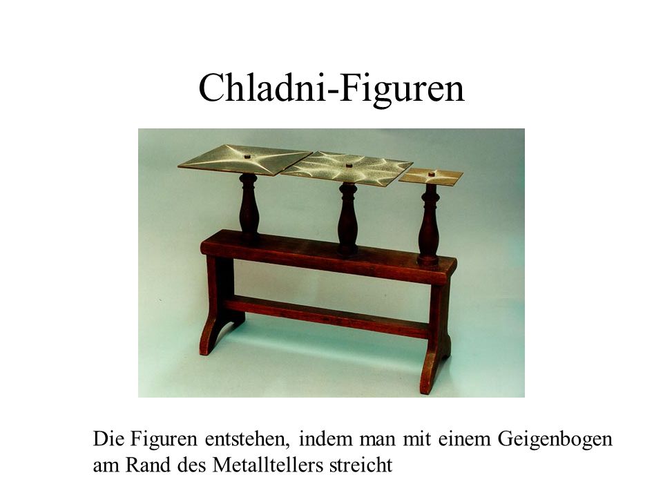 Chladni-Figuren Die Figuren entstehen, indem man mit einem Geigenbogen am Rand des Metalltellers streicht.