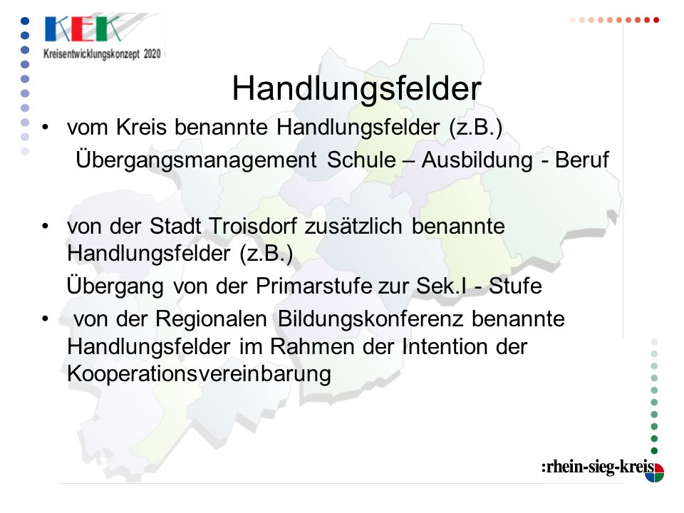 Handlungsfelder vom Kreis benannte Handlungsfelder (z.B.) Übergangsmanagement Schule – Ausbildung - Beruf.
