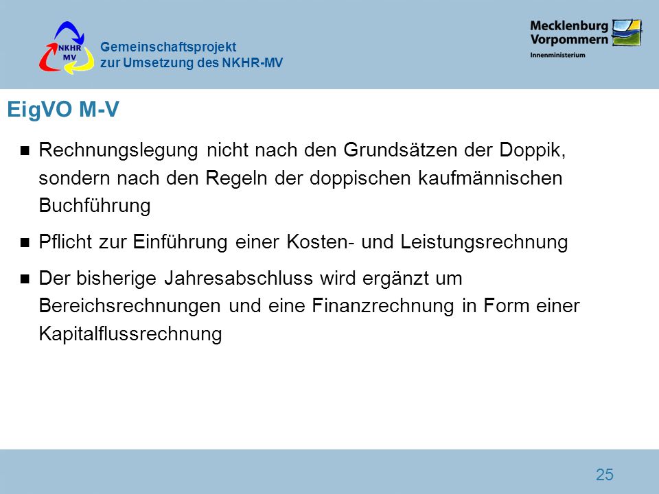 EigVO M-V Rechnungslegung nicht nach den Grundsätzen der Doppik, sondern nach den Regeln der doppischen kaufmännischen Buchführung.