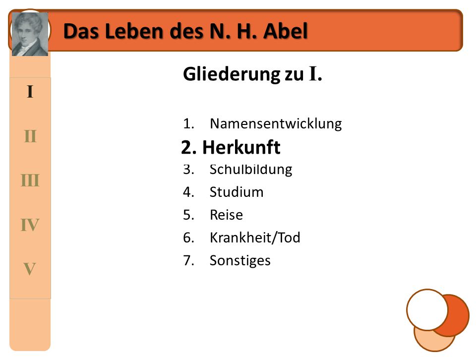 Das Leben des N. H. Abel Gliederung zu I. 2. Herkunft I II III IV V
