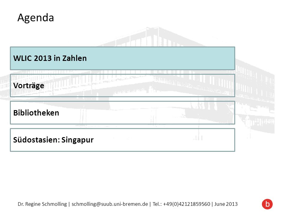 Agenda WLIC 2013 in Zahlen Vorträge Bibliotheken Südostasien: Singapur