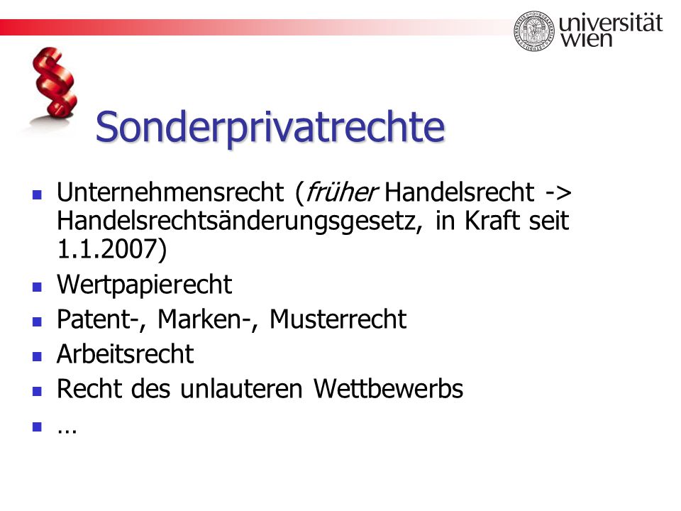 Sonderprivatrechte Unternehmensrecht (früher Handelsrecht -> Handelsrechtsänderungsgesetz, in Kraft seit )