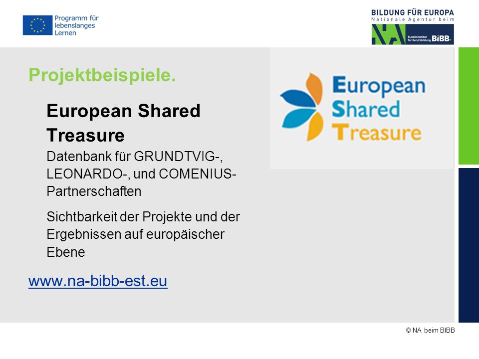 Projektbeispiele. European Shared Treasure Datenbank für GRUNDTVIG-, LEONARDO-, und COMENIUS-Partnerschaften.