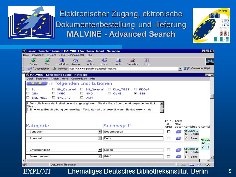 Elektronischer Zugang, ektronische Dokumentenbestellung und -lieferung MALVINE - Advanced Search