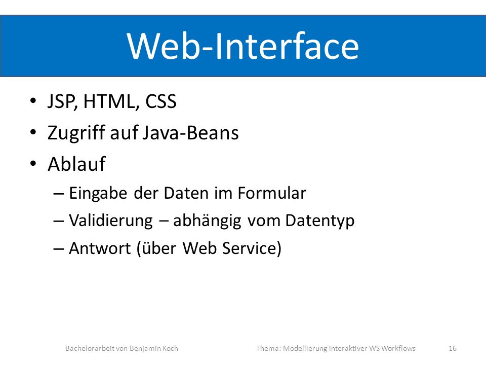 Web-Interface JSP, HTML, CSS Zugriff auf Java-Beans Ablauf
