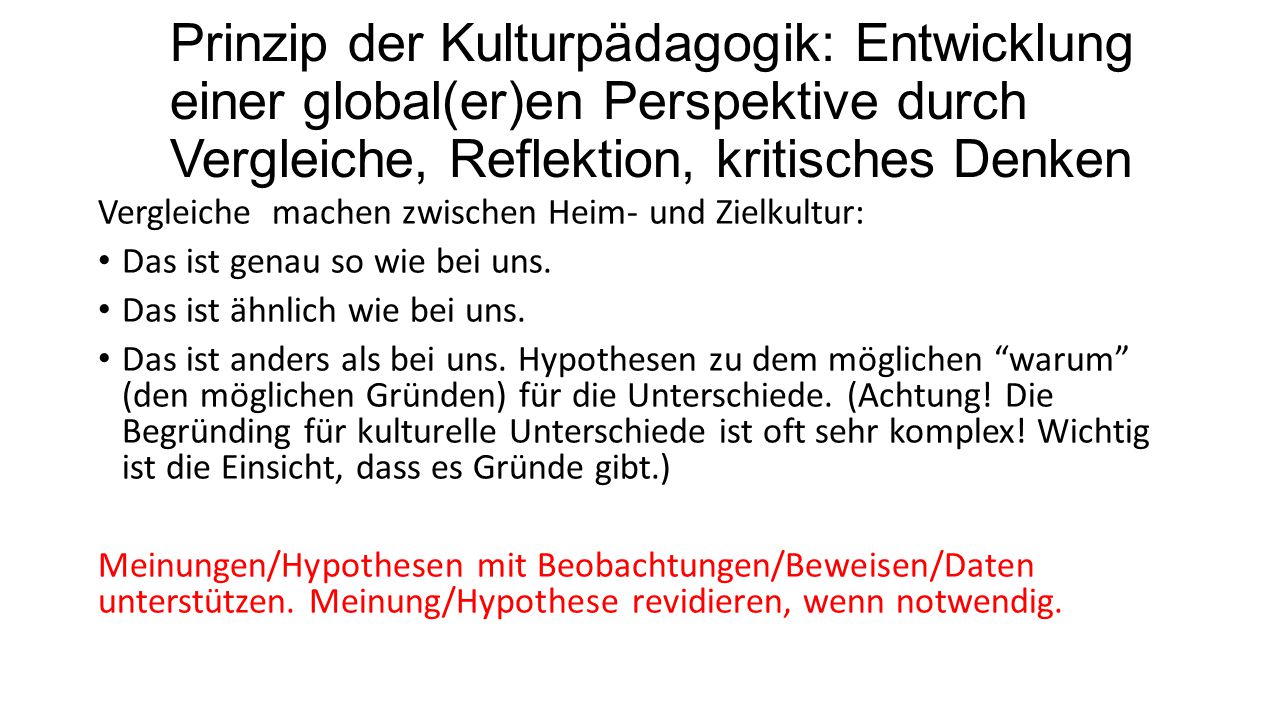 Prinzip der Kulturpädagogik: Entwicklung einer global(er)en Perspektive durch Vergleiche, Reflektion, kritisches Denken