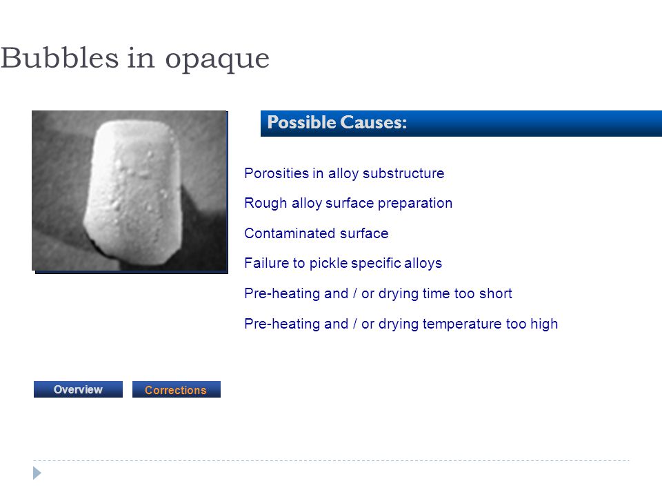Bubbles in opaque Possible Causes: Porosities in alloy substructure