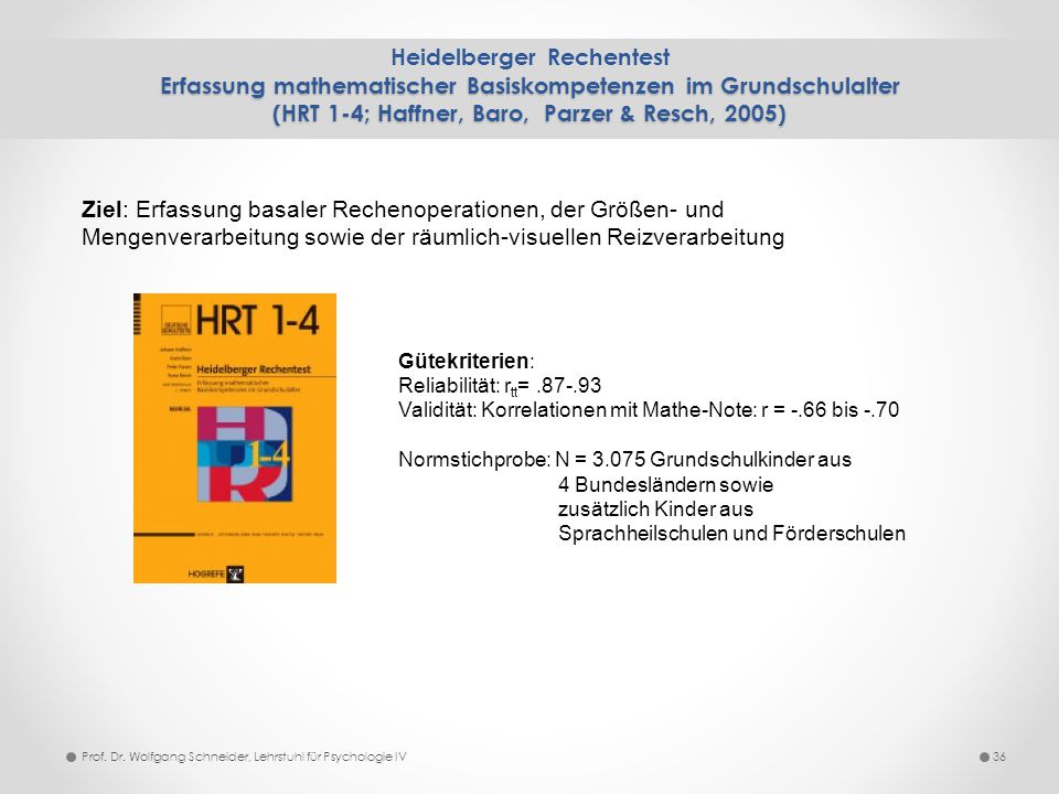 Heidelberger Rechentest Erfassung mathematischer Basiskompetenzen im Grundschulalter (HRT 1-4; Haffner, Baro, Parzer & Resch, 2005)