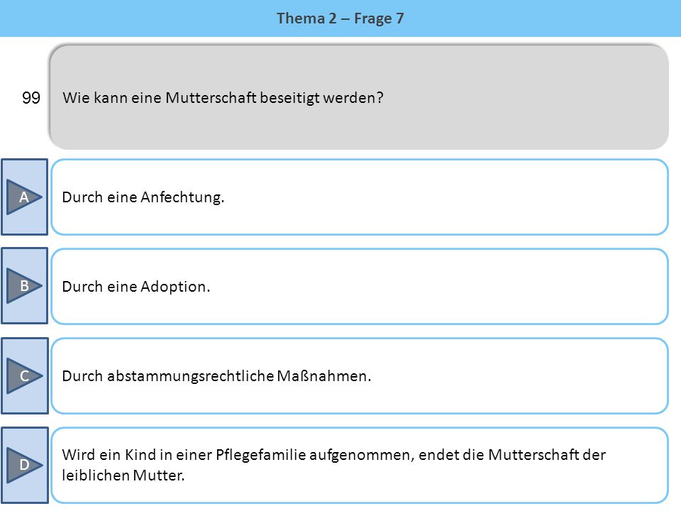 Thema 2 – Frage 7 Wie kann eine Mutterschaft beseitigt werden 99. A. Durch eine Anfechtung. B.