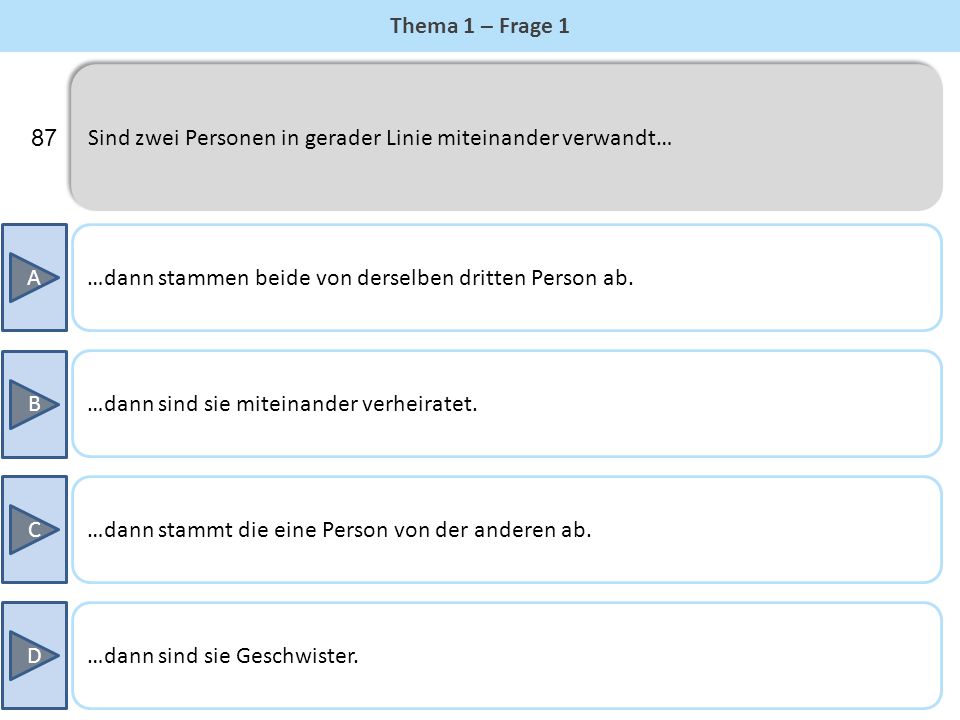 Thema 1 – Frage 1 Sind zwei Personen in gerader Linie miteinander verwandt… 87. A. …dann stammen beide von derselben dritten Person ab.