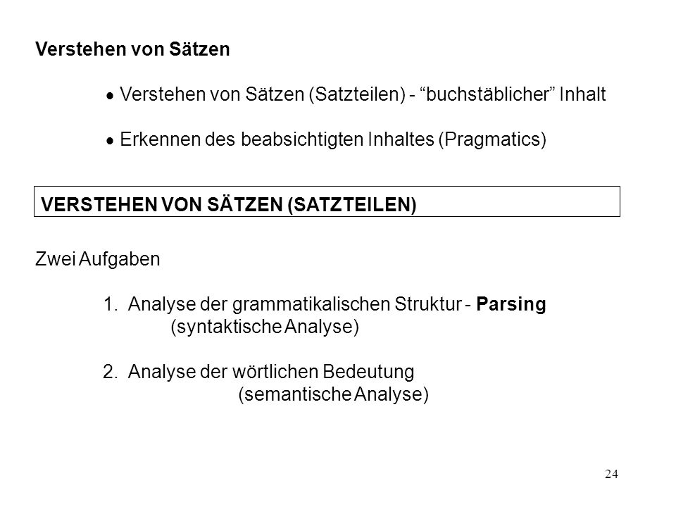 Verstehen von Sätzen Verstehen von Sätzen (Satzteilen) - buchstäblicher Inhalt. Erkennen des beabsichtigten Inhaltes (Pragmatics)