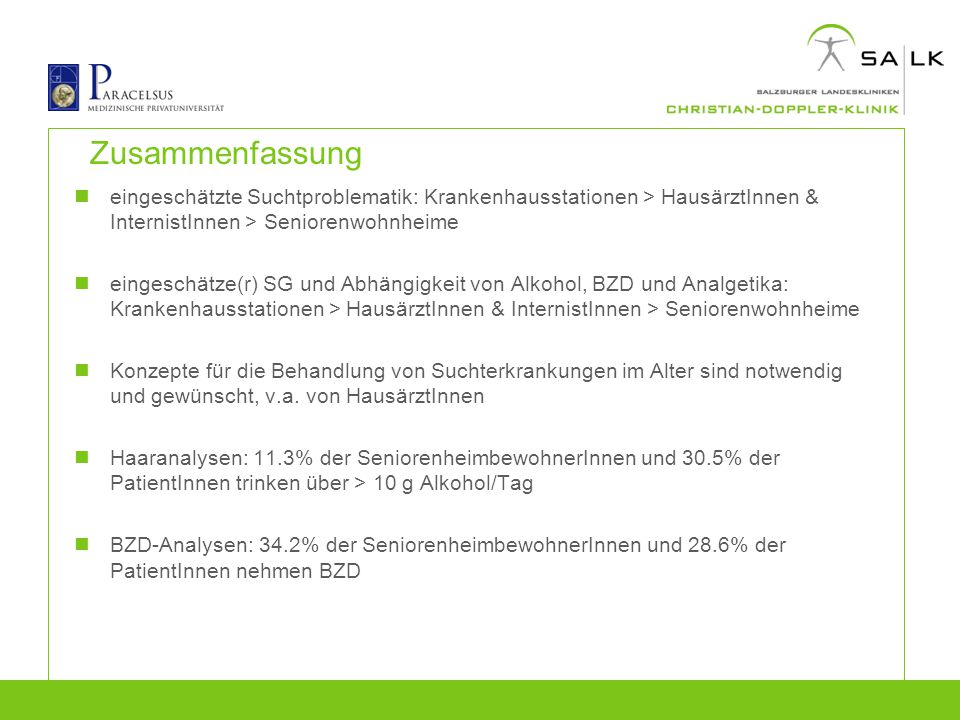 Zusammenfassung eingeschätzte Suchtproblematik: Krankenhausstationen > HausärztInnen & InternistInnen > Seniorenwohnheime.