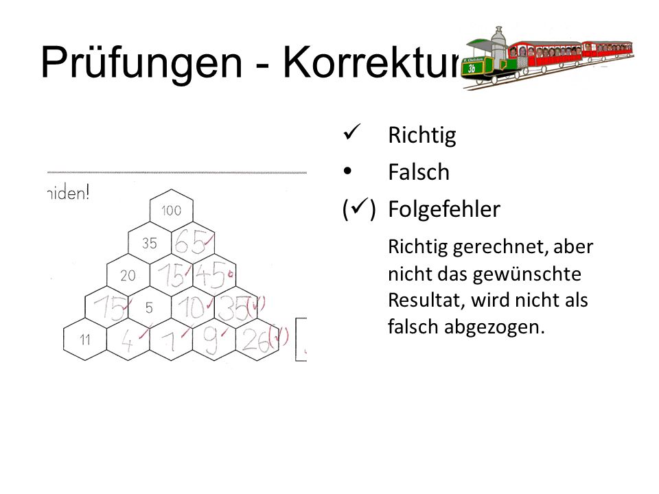Prüfungen - Korrektur  Richtig  Falsch () Folgefehler Richtig gerechnet, aber nicht das gewünschte Resultat, wird nicht als falsch abgezogen.