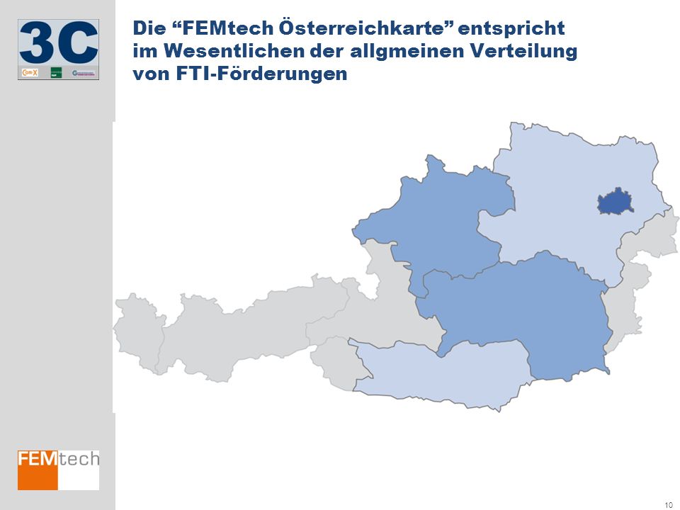 Die FEMtech Österreichkarte entspricht im Wesentlichen der allgmeinen Verteilung von FTI-Förderungen