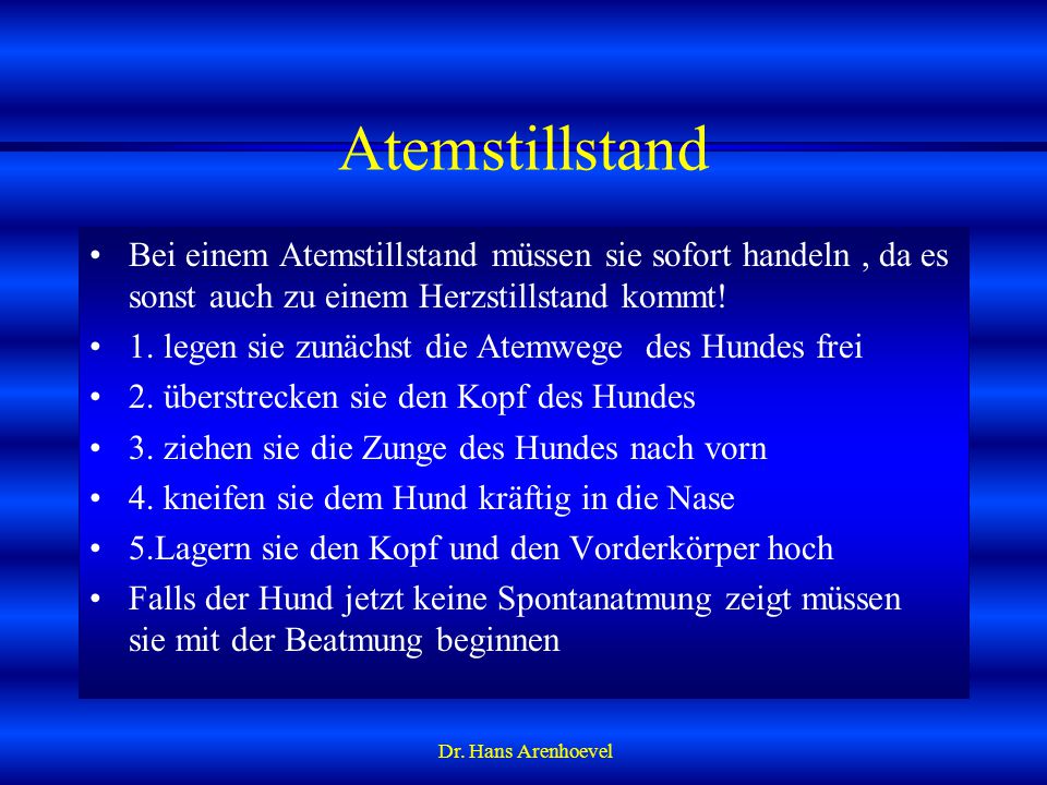 Atemstillstand Bei einem Atemstillstand müssen sie sofort handeln , da es sonst auch zu einem Herzstillstand kommt!