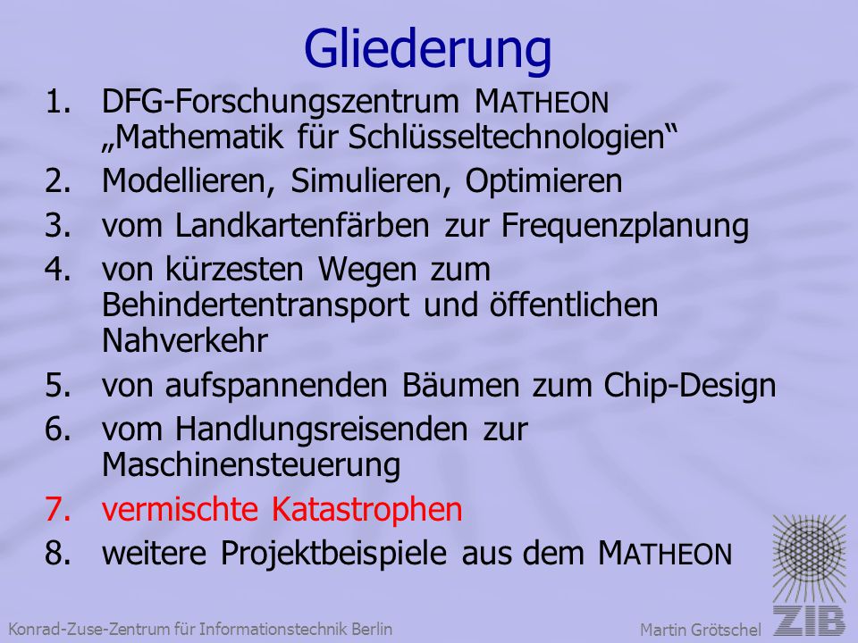 Gliederung DFG-Forschungszentrum MATHEON „Mathematik für Schlüsseltechnologien Modellieren, Simulieren, Optimieren.