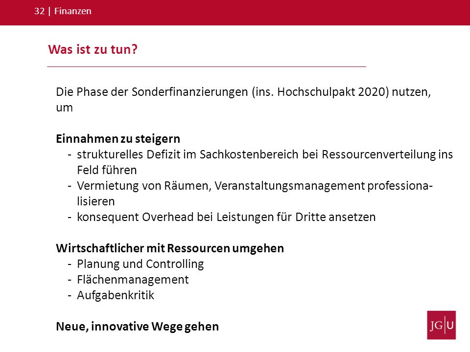 32 | Finanzen Was ist zu tun Die Phase der Sonderfinanzierungen (ins. Hochschulpakt 2020) nutzen, um.