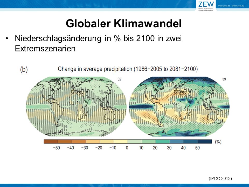 Globaler Klimawandel Niederschlagsänderung in % bis 2100 in zwei Extremszenarien.