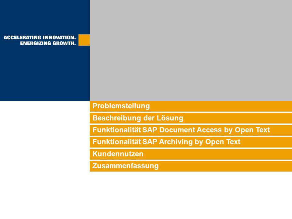 Problemstellung Beschreibung der Lösung. Funktionalität SAP Document Access by Open Text. Funktionalität SAP Archiving by Open Text.