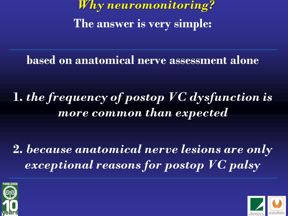 The answer is very simple: based on anatomical nerve assessment alone 1. the frequency of postop VC dysfunction is more common than expected 2. because anatomical nerve lesions are only exceptional reasons for postop VC palsy